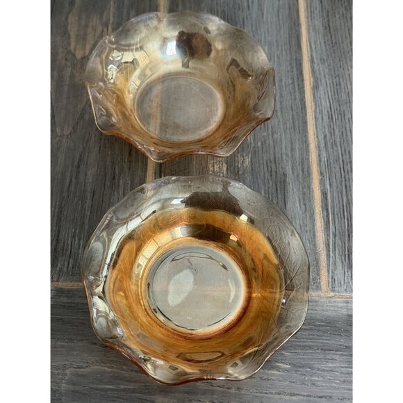 Vintage Amber Glass Bowls Set Of 2 With Intricate Floral Designs - 6" Diameter D - Picture 4 of 11